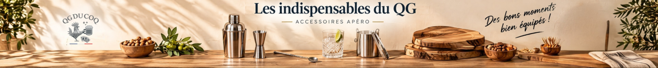 Les indispensables du QG – accessoires apéro, shaker cocktail, doseur, plateaux et jeu de cartes | QG du Coq