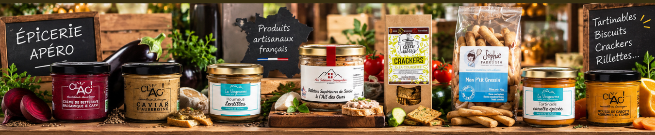 Épicerie apéro artisanale française – tartinables, rillettes, biscuits et crackers