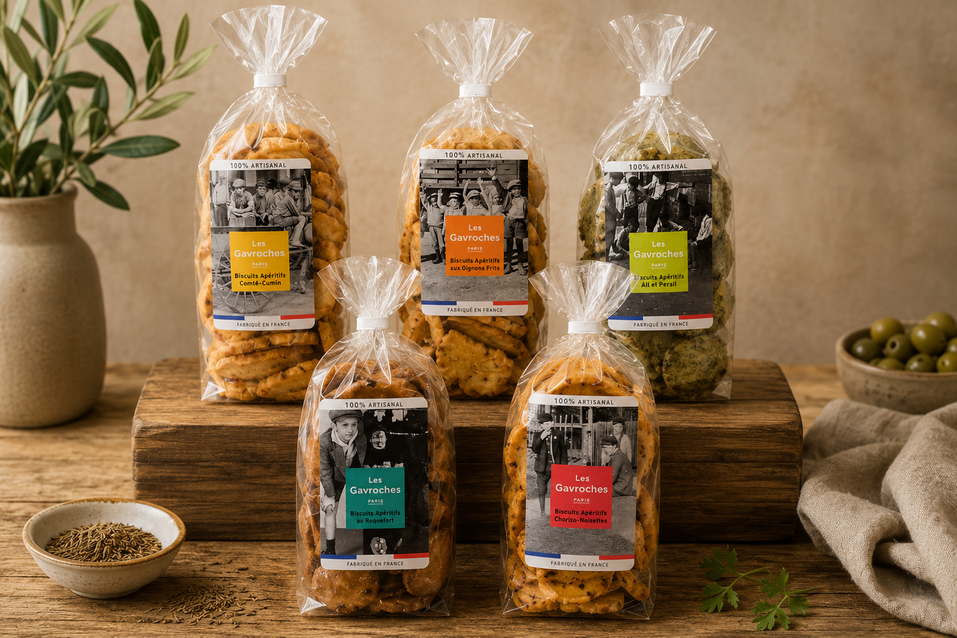 Biscuits apéritifs artisanaux Les Gavroches – assortiment de biscuits salés