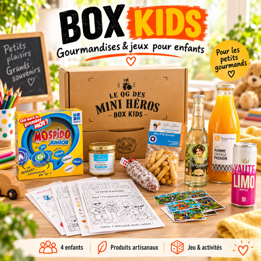 Box Kids QG du Coq avec gourmandises, boissons sans alcool, jeu Mospido Junior et activités pour enfants