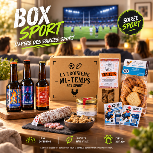 Box Sport QG du Coq avec produits artisanaux pour soirée sport devant un grand écran