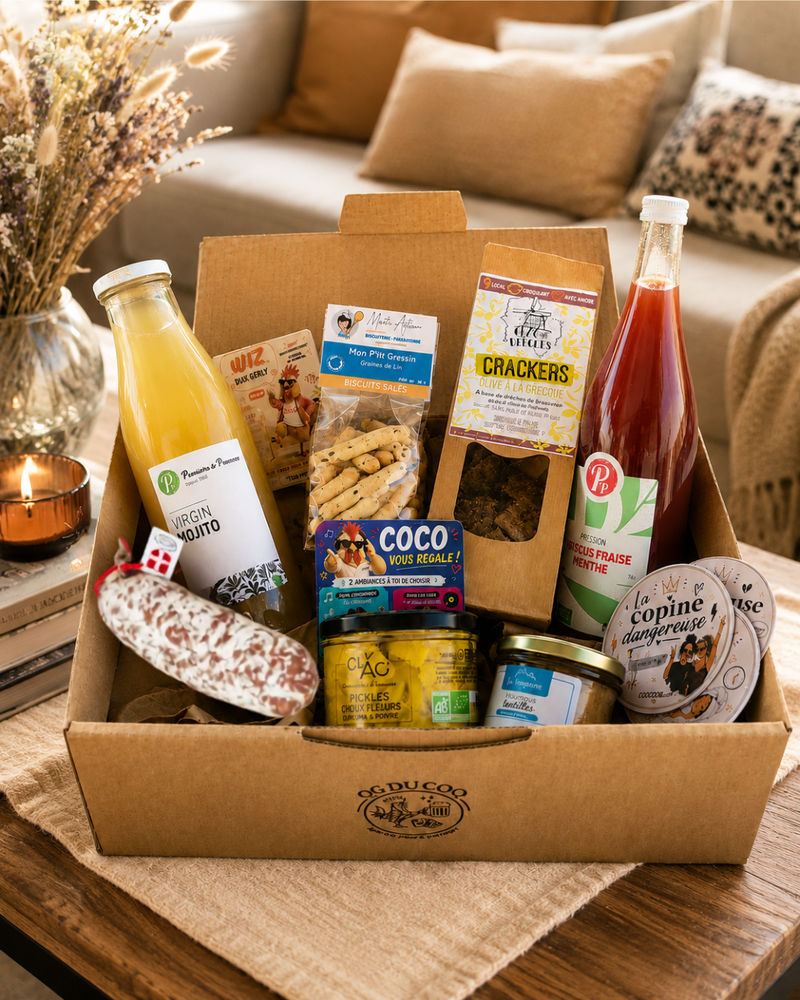 Box apéro Girly Soft sans alcool QG du Coq présentée dans un coffret prêt à partager
