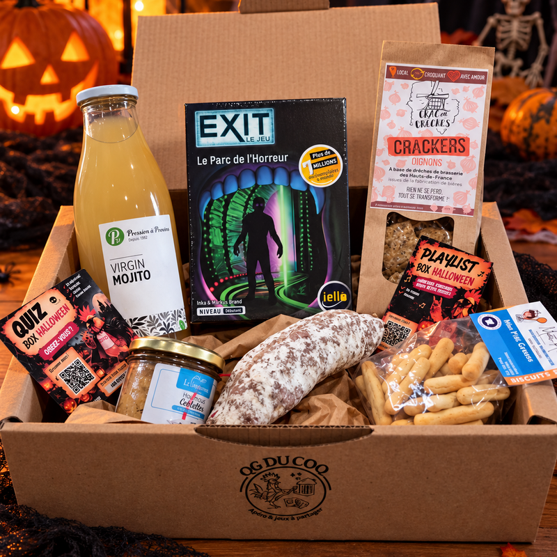 Box apéro Halloween sans alcool QG DU COQ avec produits artisanaux et Escape Game EXIT