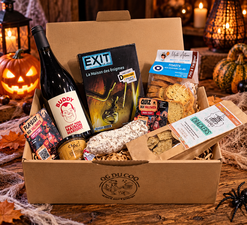 Box apéro Halloween vin QG DU COQ avec produits artisanaux français et Escape Game EXIT La Maison des Énigmes.