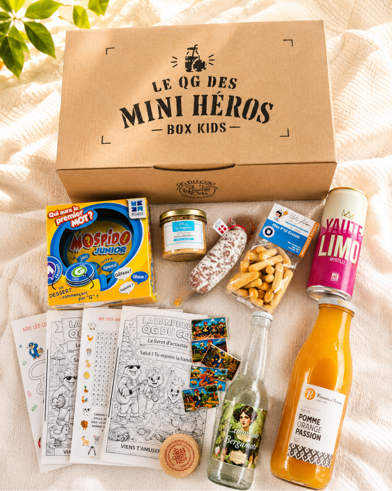 Box apéro Kids QG du Coq pour 4 enfants avec jeu, livret d’activités et gourmandises artisanales