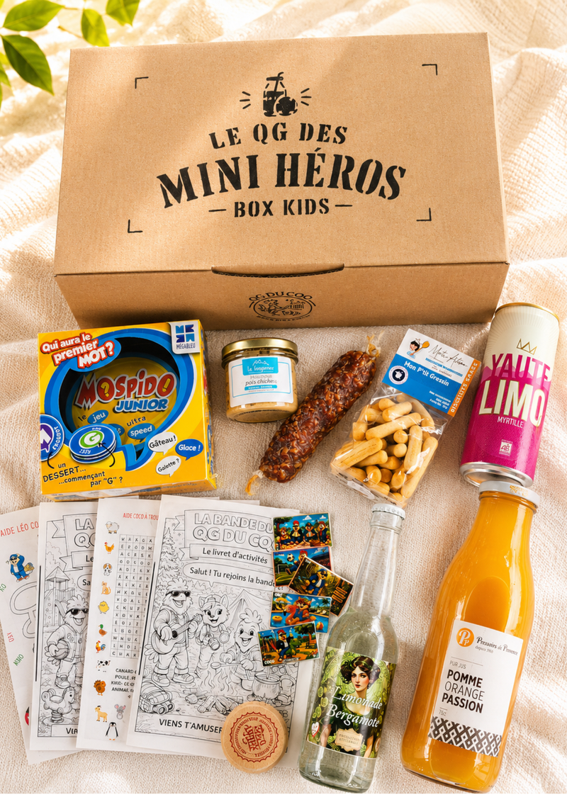 Box apéro enfant avec boissons gourmandises salées et jeu