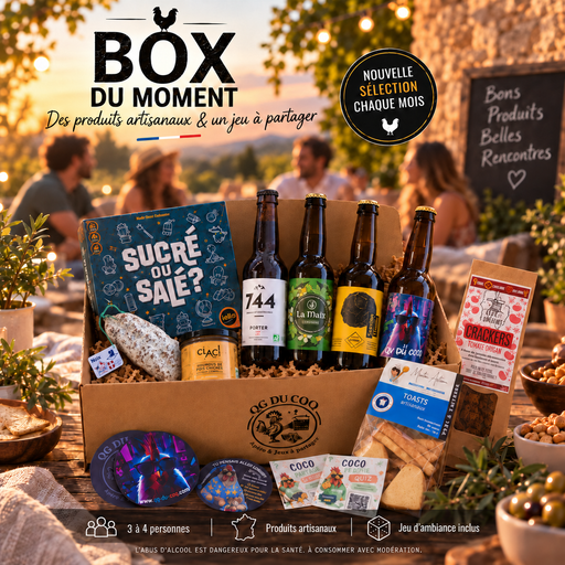 Box du Moment QG du Coq avec produits artisanaux français et jeu d’ambiance Sucré ou Salé