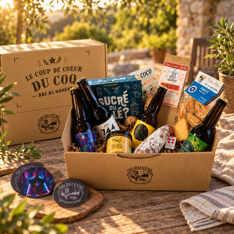 Box du Moment QG du Coq présentée sur une table en bois avec produits artisanaux et jeu à partager