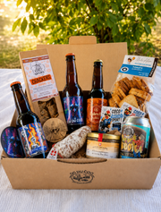 Contenu de la Box Sport QG du Coq avec boissons artisanales, saucisson, rillettes et biscuits apéritifs