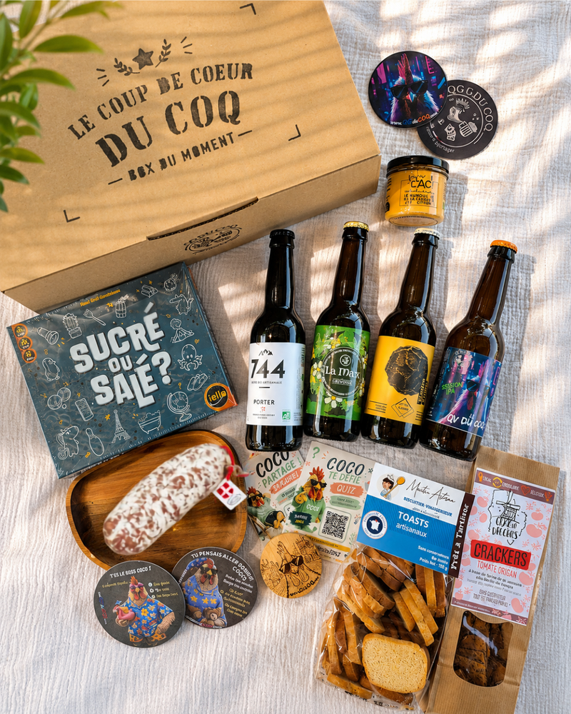 Contenu de la Box du Moment QG du Coq avec bières artisanales, saucisson, biscuits, tartinable et jeu