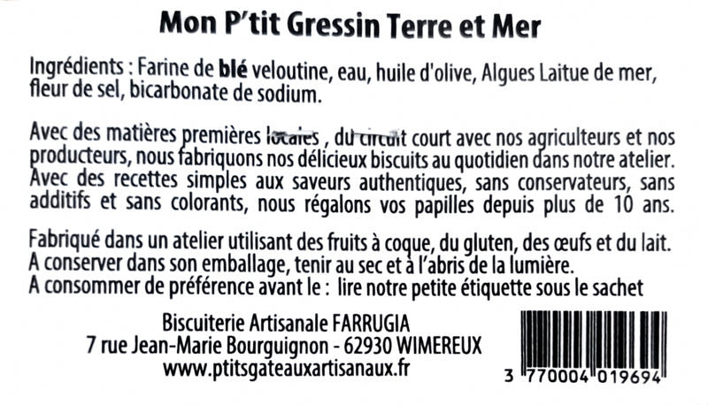 Ingrédients Gressins Terre et Mer Sophie Farrugia 80 g