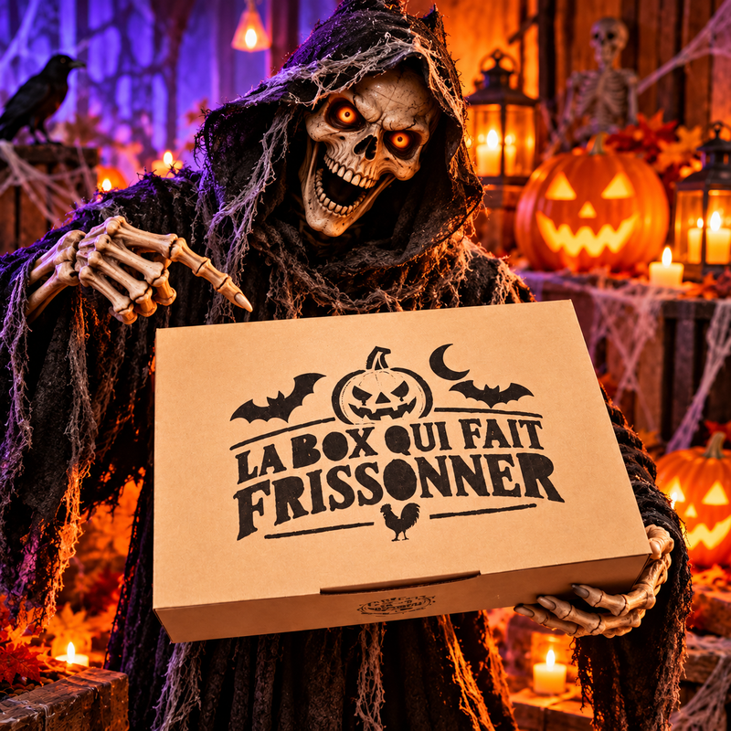 Personnage effrayant tenant une box Halloween QG DU COQ dans un décor de citrouilles