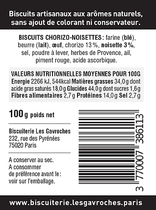 Biscuits Chorizo & Noisettes 100 g - Les Gavroches