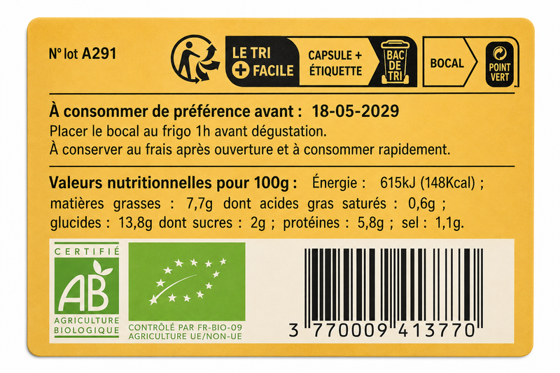 ingredients Houmous pois chiches au citron Bio 100 g - Conserverie CLAC