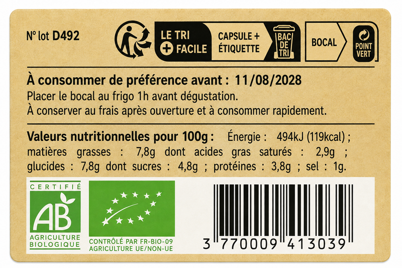 Étiquette crème de courgette chèvre et miel Bio - Conserverie CLAC