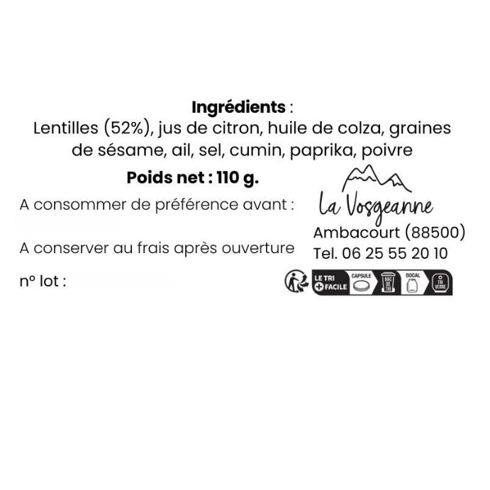 Tartinade Houmous Lentilles 110g - La Vosgeanne