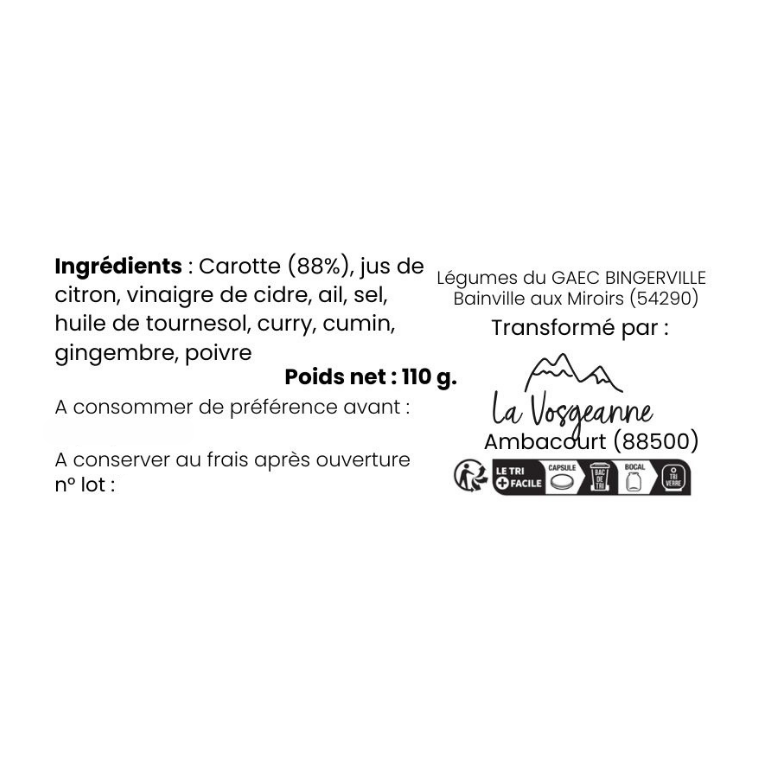 Tartinade Carotte Epicée 110g - La Vosgeanne