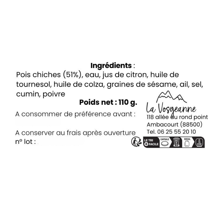 Tartinade Houmous Pois Chiches 110g - La Vosgeanne