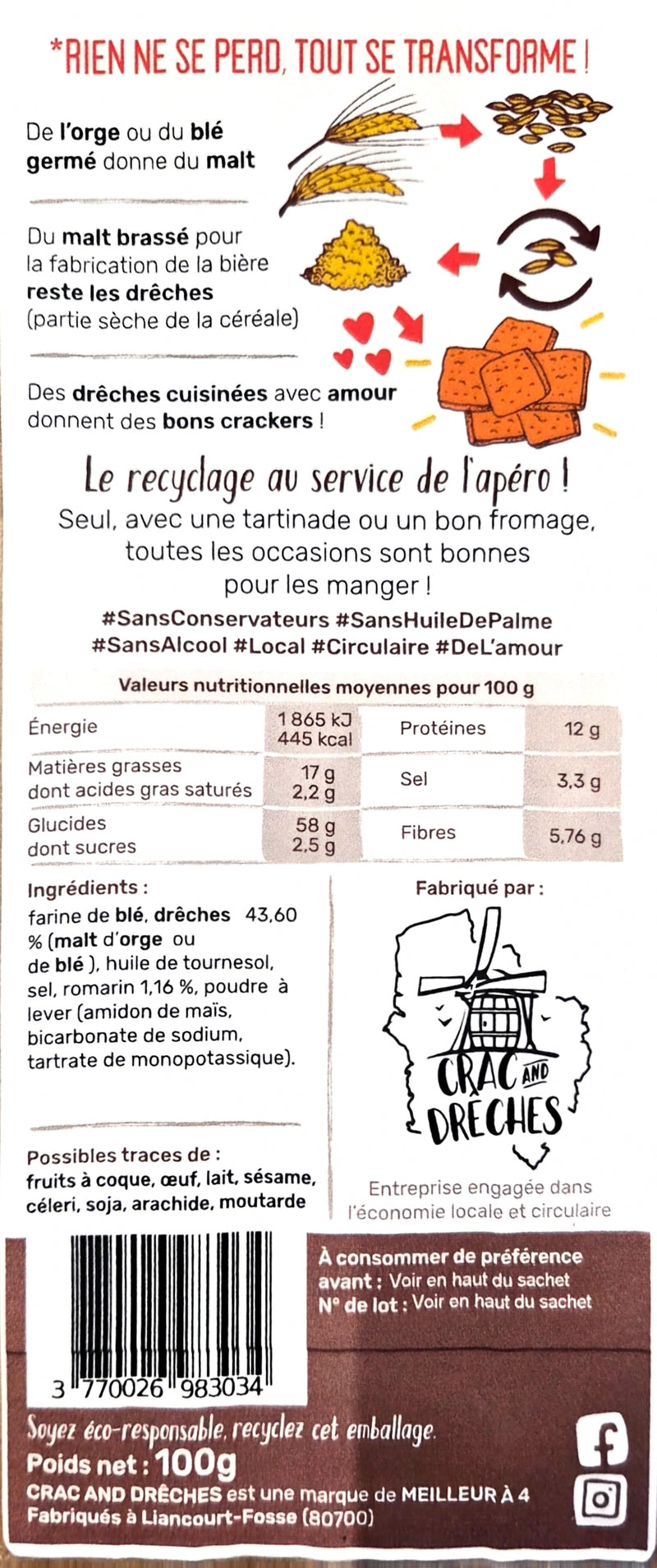 ingredients Crackers apéritifs artisanaux au romarin 100 g - Crac And Drêches