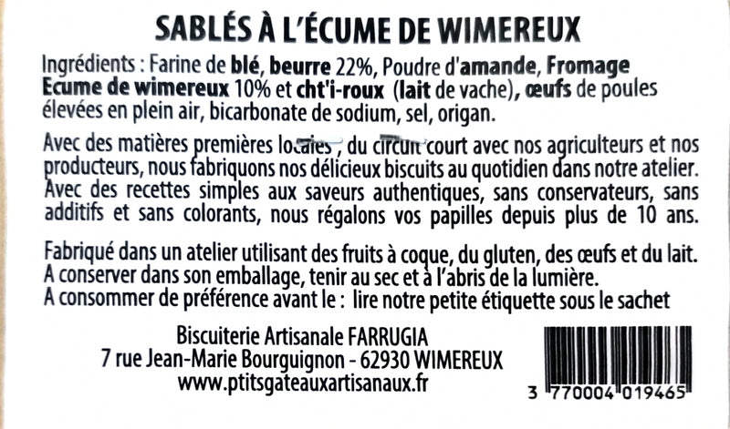 Étiquette ingrédients des sablés au fromage de l'Écume de Wimereux Sophie Farrugia